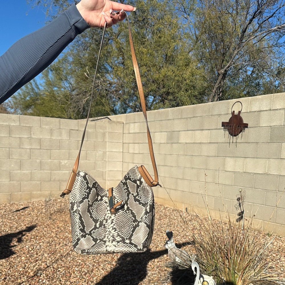 Vince Camuto Snake Print Shoulder Bag - Gray and Tan